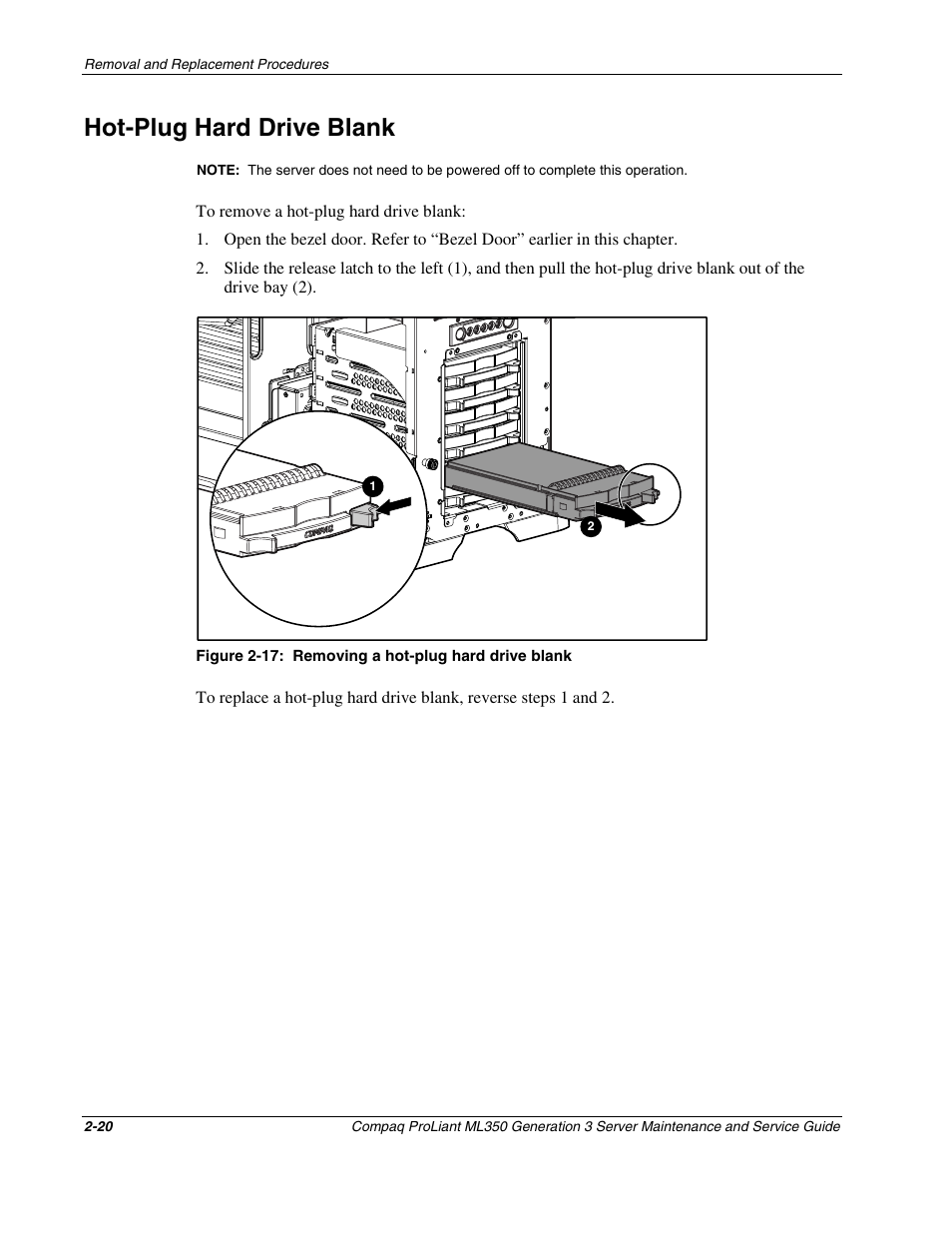 Hot-plug hard drive blank, Hot-plug hard drive blank -20 | Compaq PROLIANT ML350 User Manual | Page 34 / 89