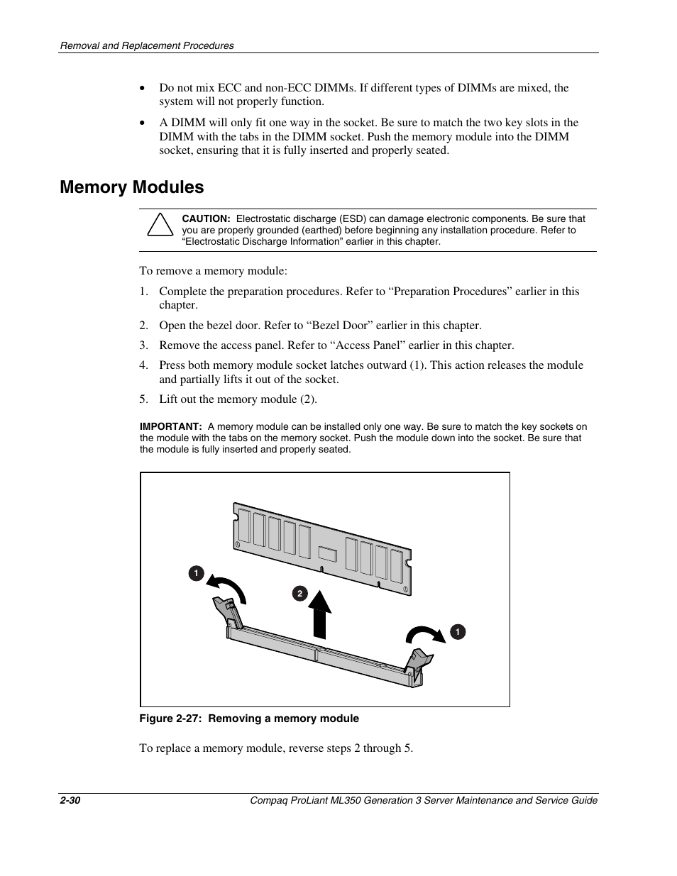 Memory modules, Memory modules -30 | Compaq PROLIANT ML350 User Manual | Page 44 / 89