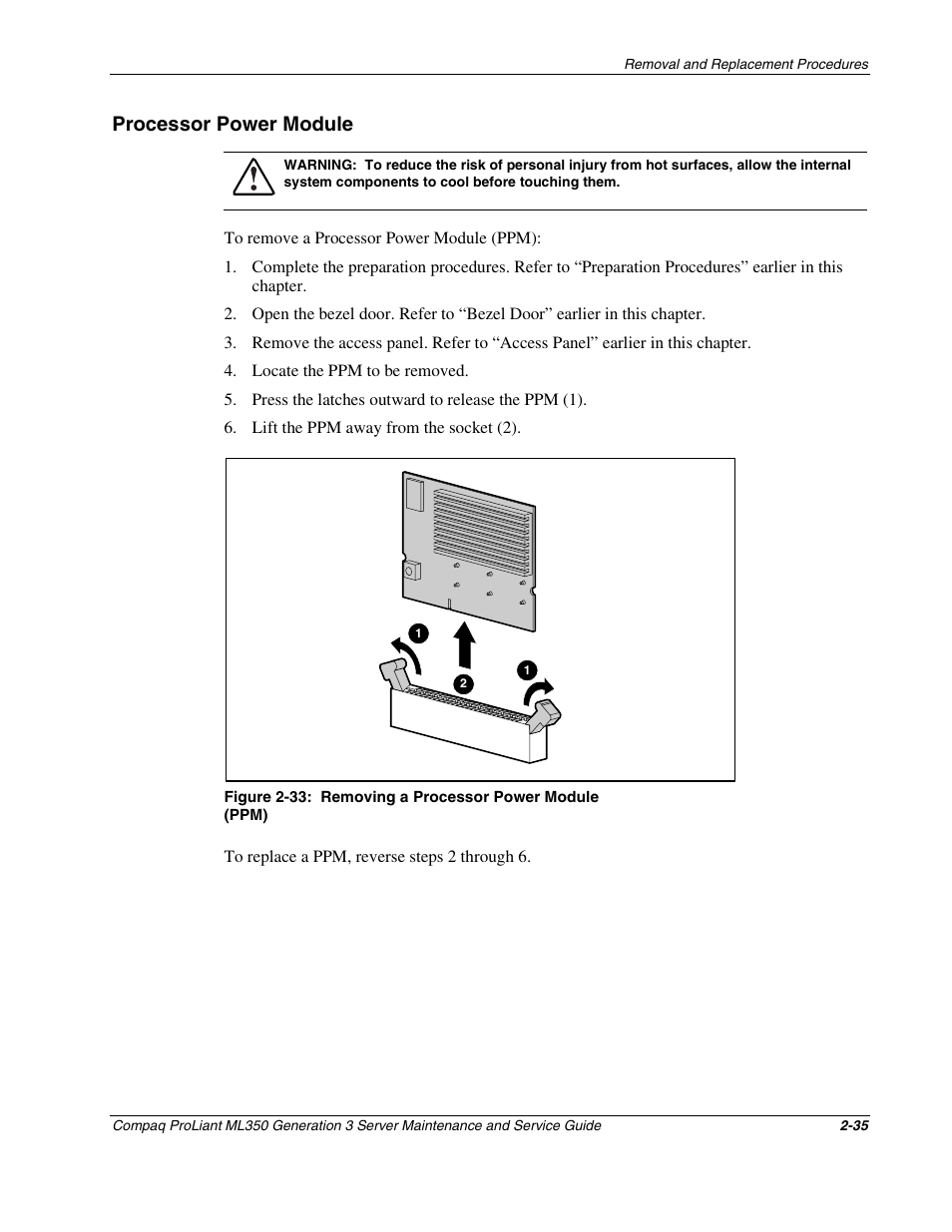 Processor power module, Processor power module -35 | Compaq PROLIANT ML350 User Manual | Page 49 / 89