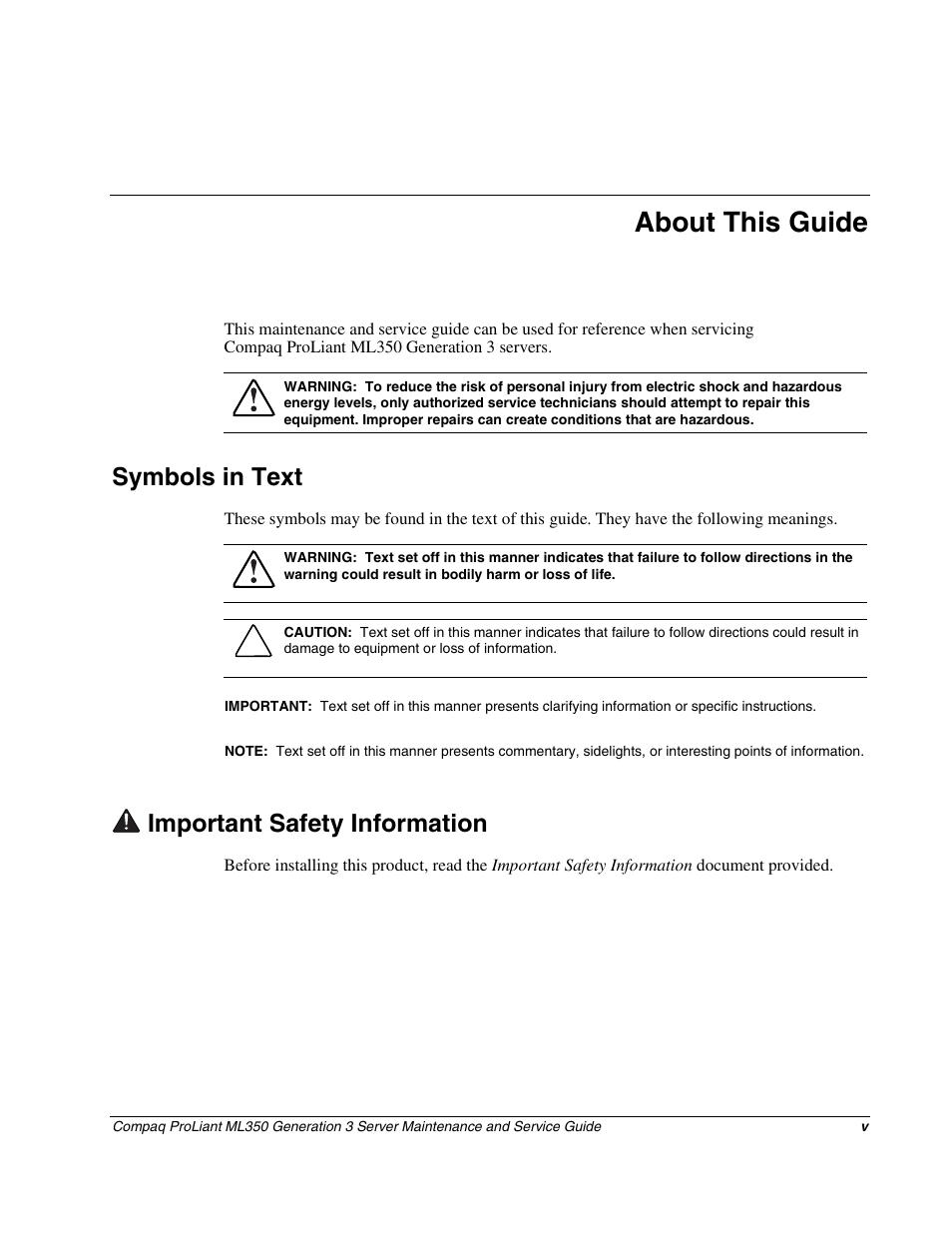 About this guide, Symbols in text, Important safety information | Compaq PROLIANT ML350 User Manual | Page 5 / 89