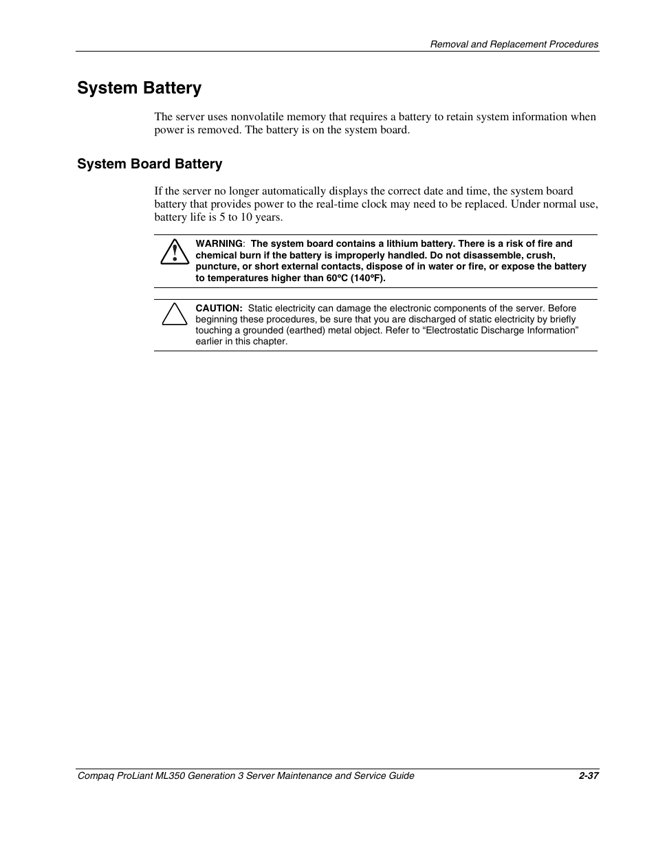 System battery, System board battery, System battery -37 | System board battery -37 | Compaq PROLIANT ML350 User Manual | Page 51 / 89