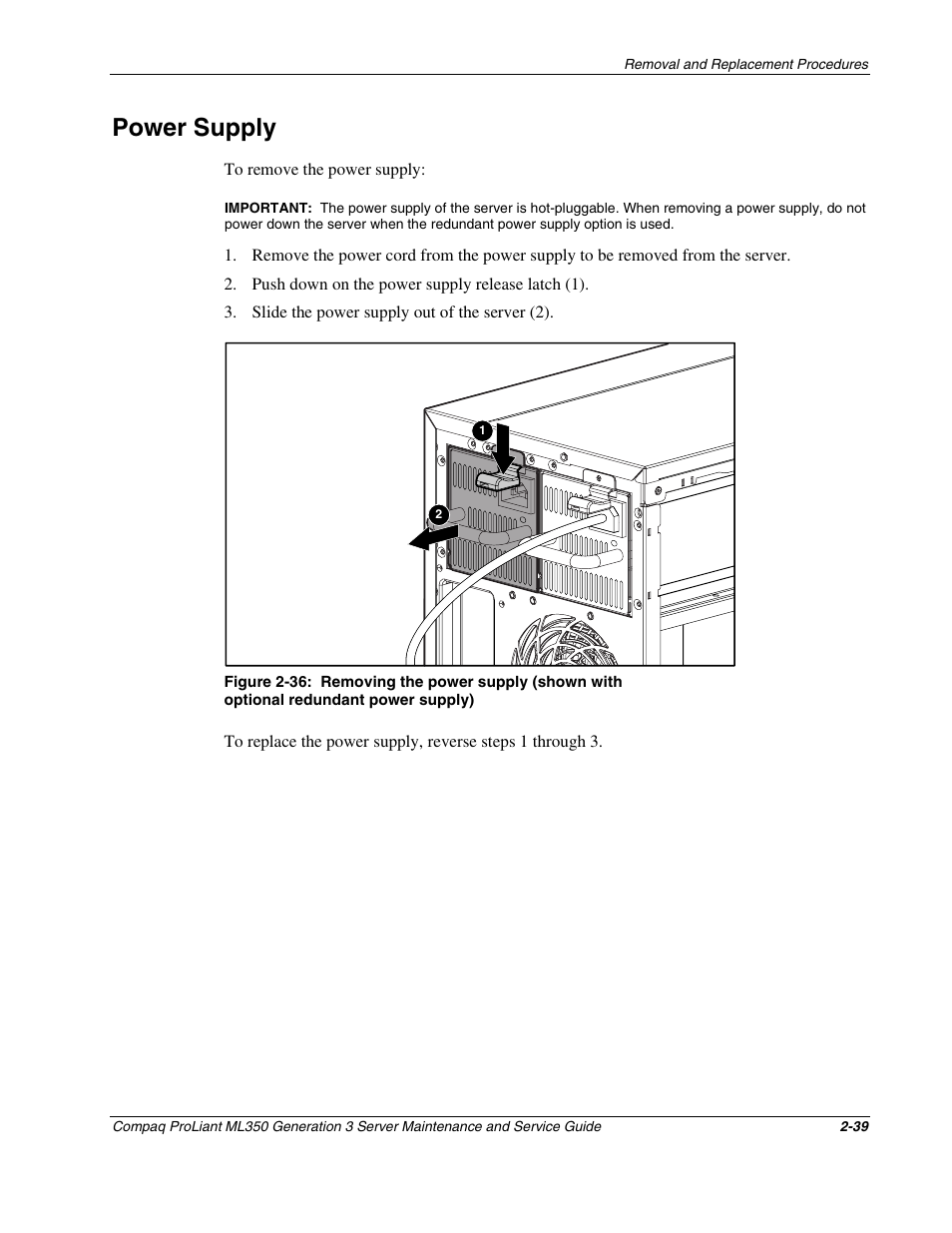 Power supply, Power supply -39 | Compaq PROLIANT ML350 User Manual | Page 53 / 89