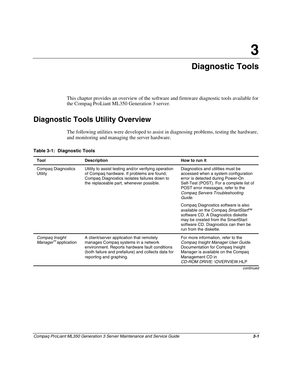 Chapter 3: diagnostic tools, Diagnostic tools utility overview, Chapter 3 | Diagnostic tools, Diagnostic tools utility overview -1 | Compaq PROLIANT ML350 User Manual | Page 56 / 89