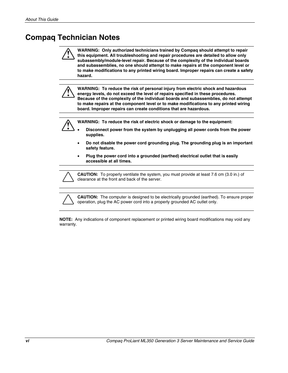 Compaq technician notes | Compaq PROLIANT ML350 User Manual | Page 6 / 89