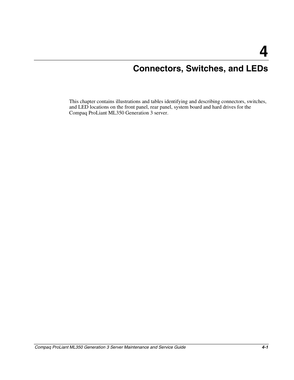 Chapter 4: connectors, switches, and leds, Chapter 4, Connectors, switches, and leds | Compaq PROLIANT ML350 User Manual | Page 60 / 89