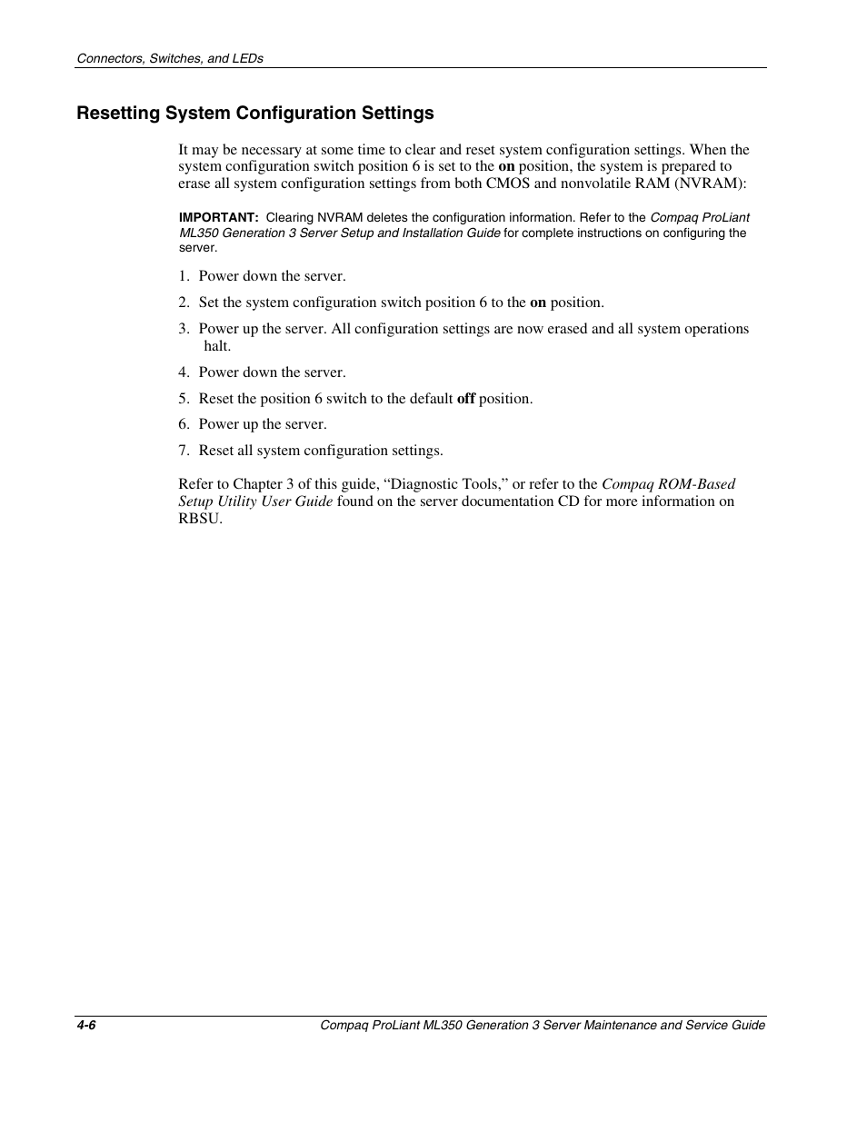 Resetting system configuration settings, Resetting system configuration settings -6 | Compaq PROLIANT ML350 User Manual | Page 65 / 89