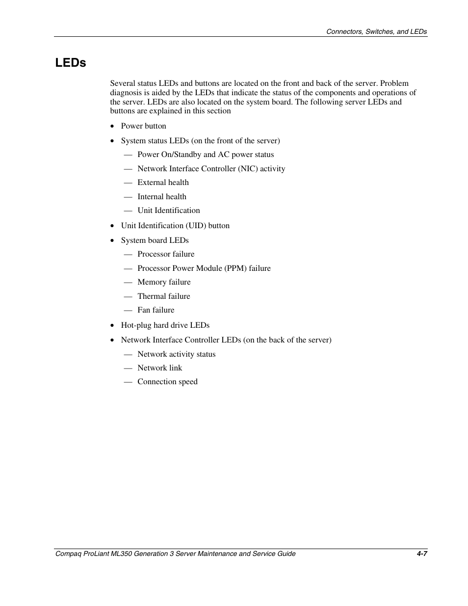 Leds, Leds -7 | Compaq PROLIANT ML350 User Manual | Page 66 / 89