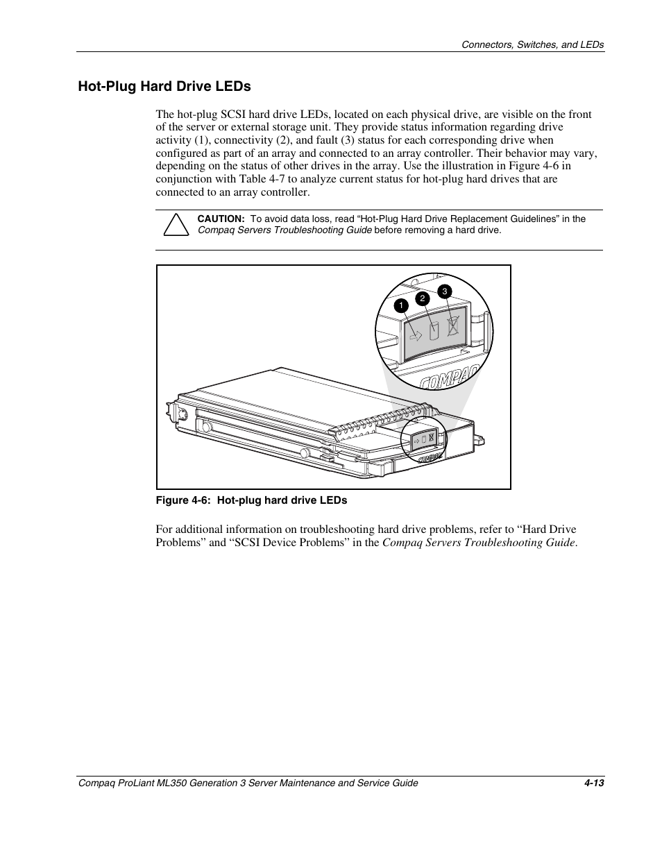 Hot-plug hard drive leds, Hot-plug hard drive leds -13 | Compaq PROLIANT ML350 User Manual | Page 72 / 89