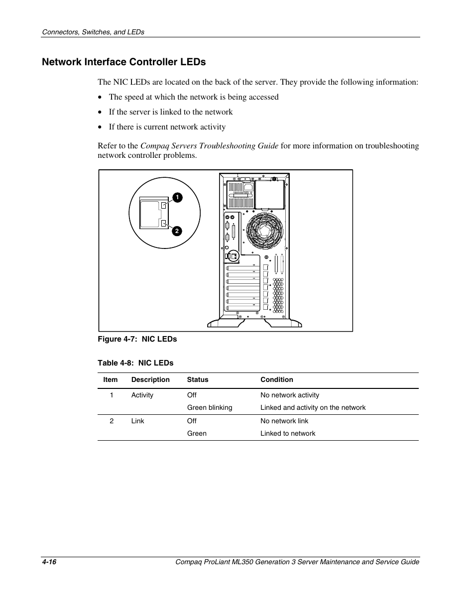 Network interface controller leds, Network interface controller leds -16 | Compaq PROLIANT ML350 User Manual | Page 75 / 89