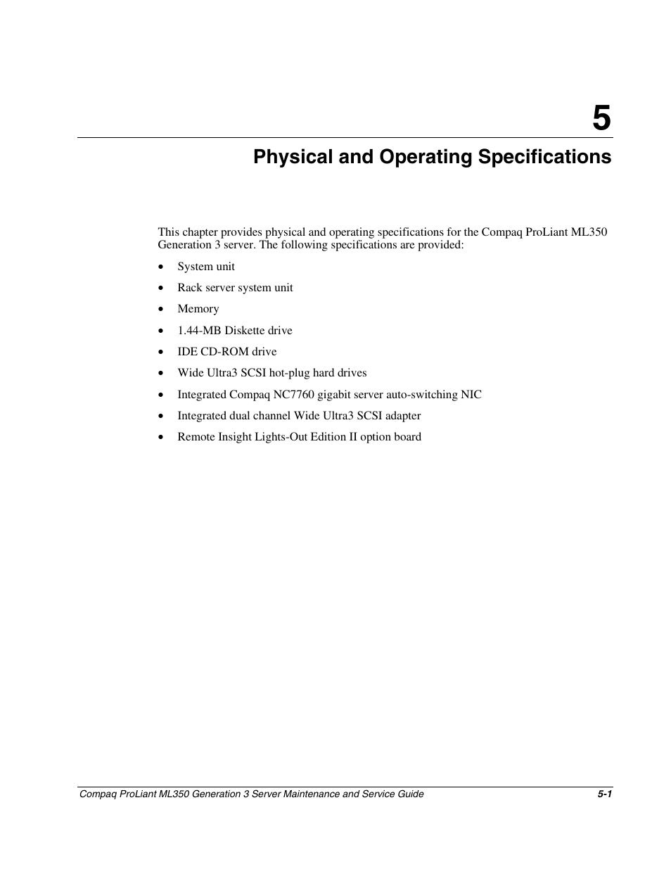 Chapter 5: physical and operating specifications, Chapter 5, Physical and operating specifications | Compaq PROLIANT ML350 User Manual | Page 76 / 89