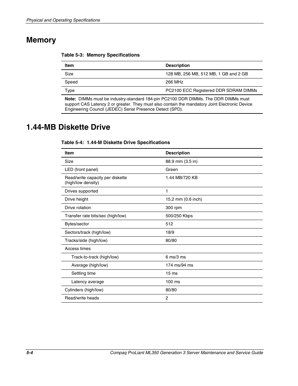 Memory, Mb diskette drive, Memory -4 | Mb diskette drive -4 | Compaq PROLIANT ML350 User Manual | Page 79 / 89