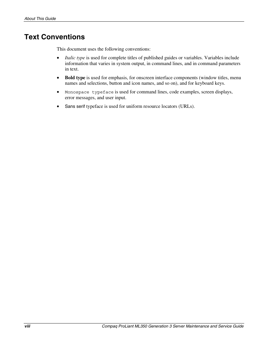 Text conventions | Compaq PROLIANT ML350 User Manual | Page 8 / 89