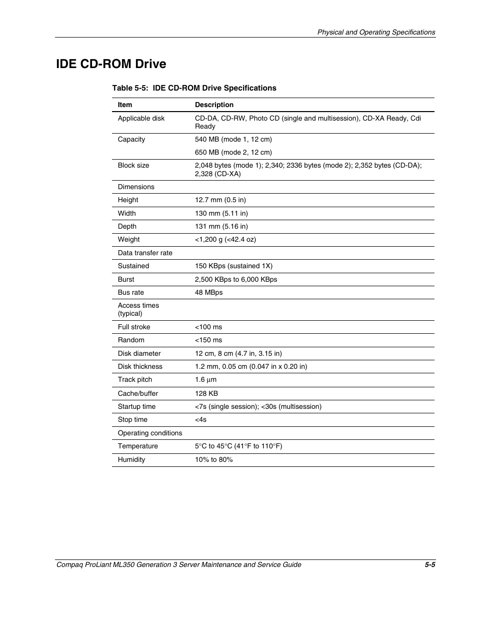 Ide cd-rom drive, Ide cd-rom drive -5 | Compaq PROLIANT ML350 User Manual | Page 80 / 89