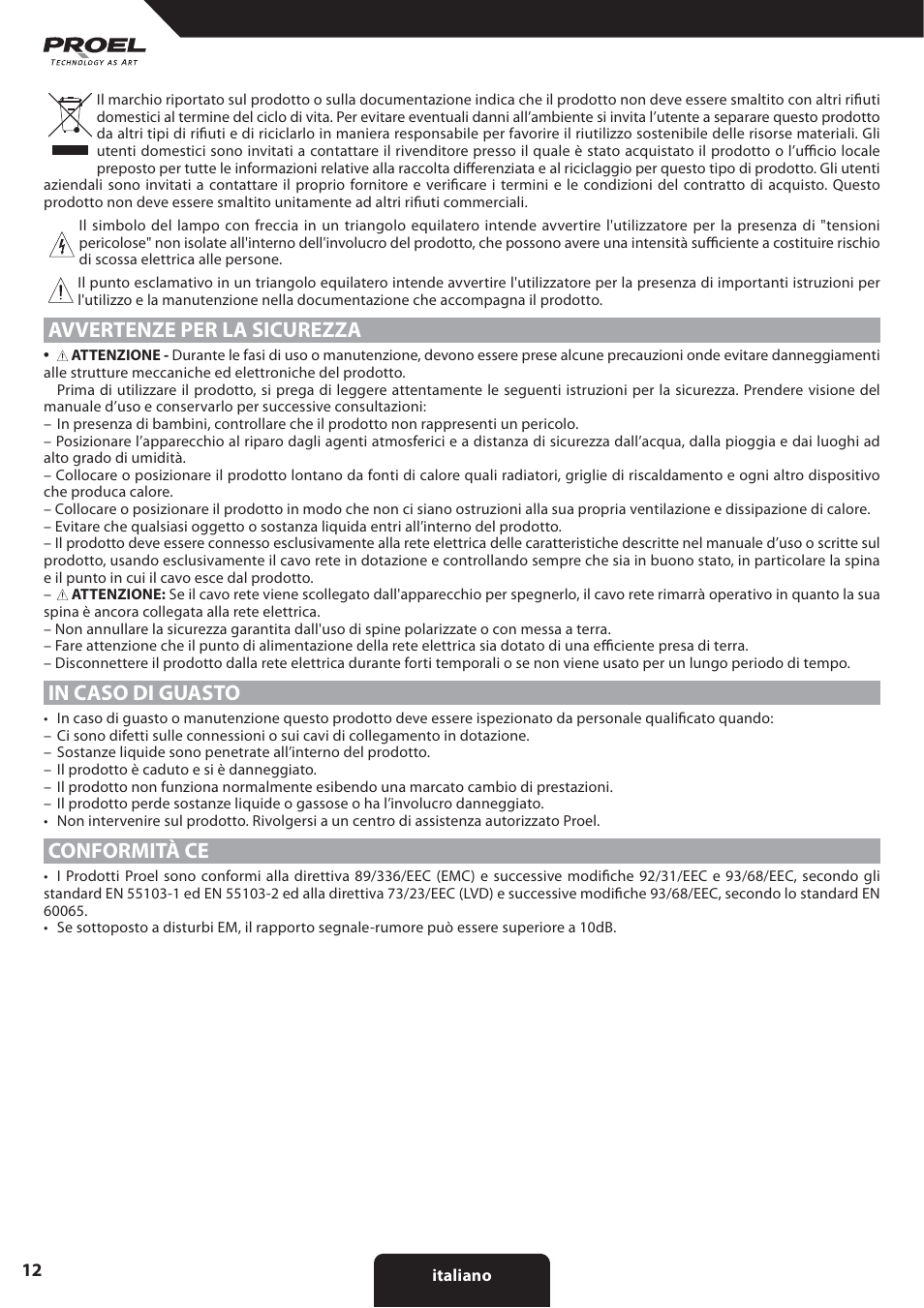 Avvertenze per la sicurezza, Conformità ce | Proel X30TB User Manual | Page 12 / 16