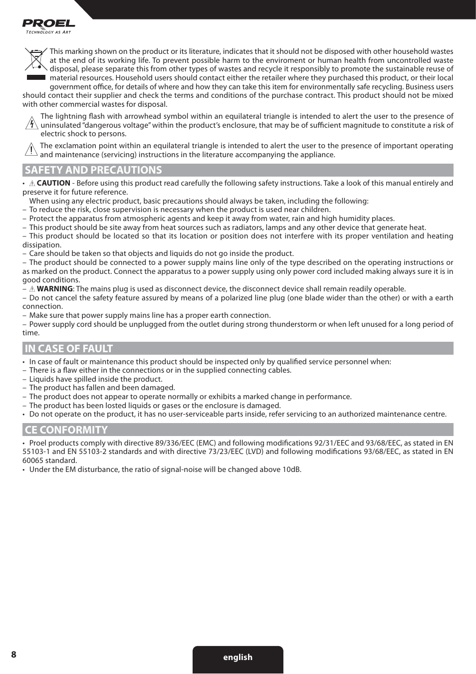 Safety and precautions, Ce conformity | Proel X30TB User Manual | Page 8 / 16