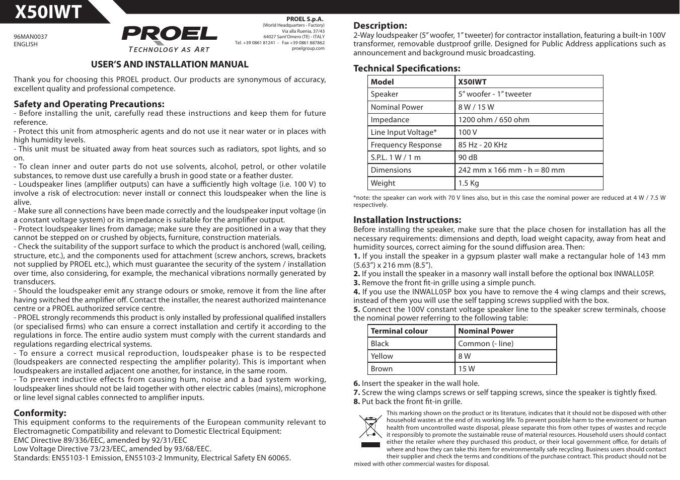 Proel X50IWT User Manual | 2 pages