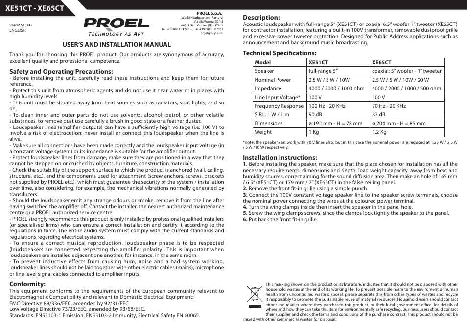 Proel XE51CT User Manual | 7 pages