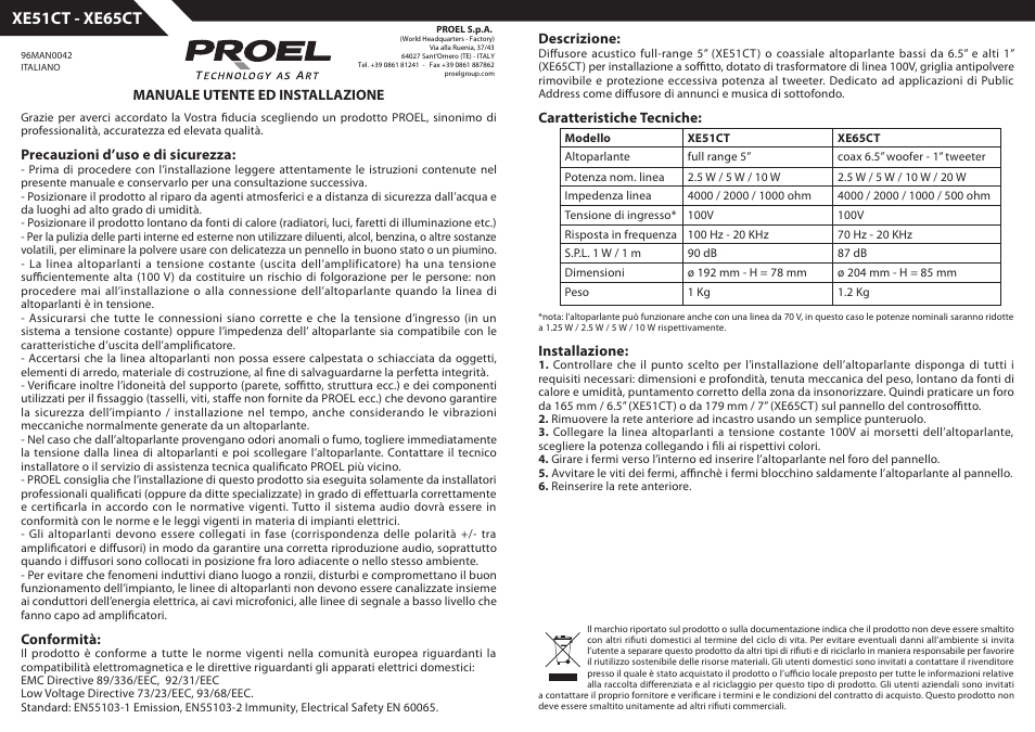 Xe51ct - xe65ct | Proel XE51CT User Manual | Page 2 / 7