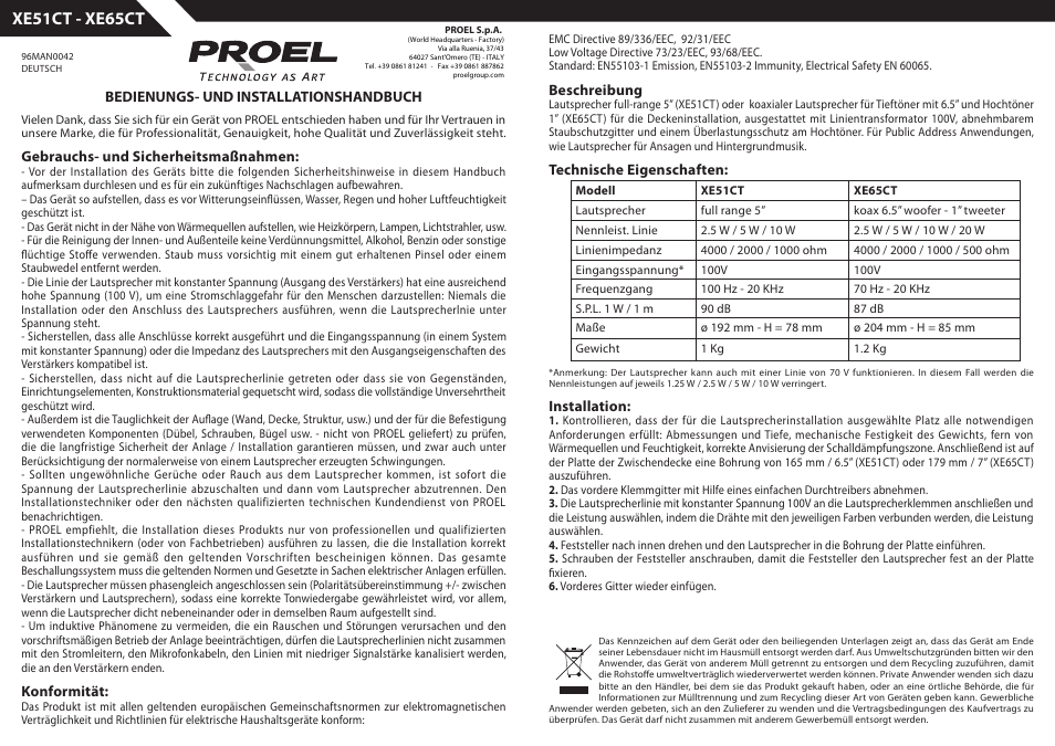 Xe51ct - xe65ct | Proel XE51CT User Manual | Page 3 / 7