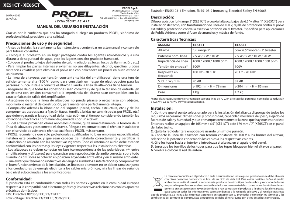 Xe51ct - xe65ct | Proel XE51CT User Manual | Page 5 / 7