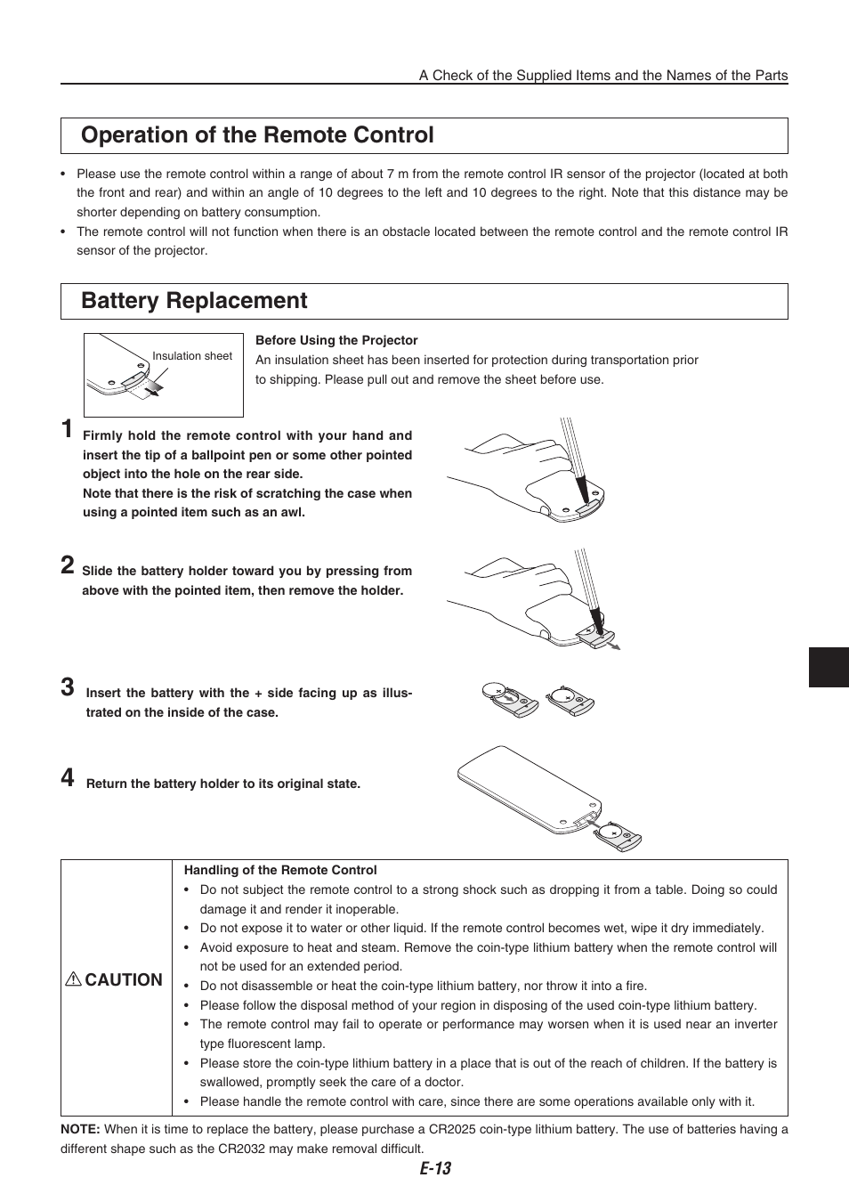 Operation of the remote control, Battery replacement | Compaq iP-40 User Manual | Page 15 / 57