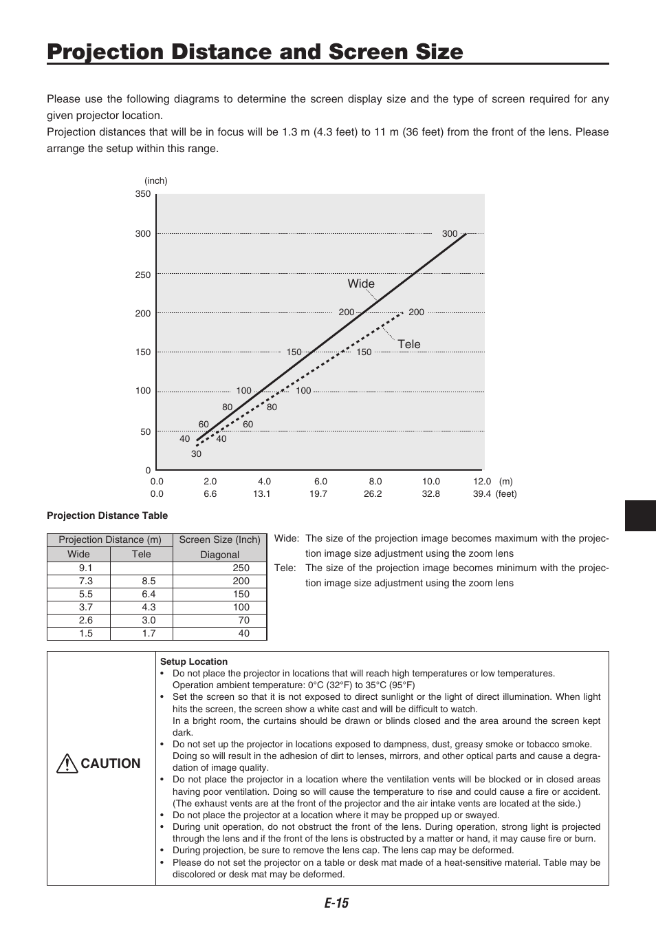 Projection distance and screen size, Caution | Compaq iP-40 User Manual | Page 17 / 57