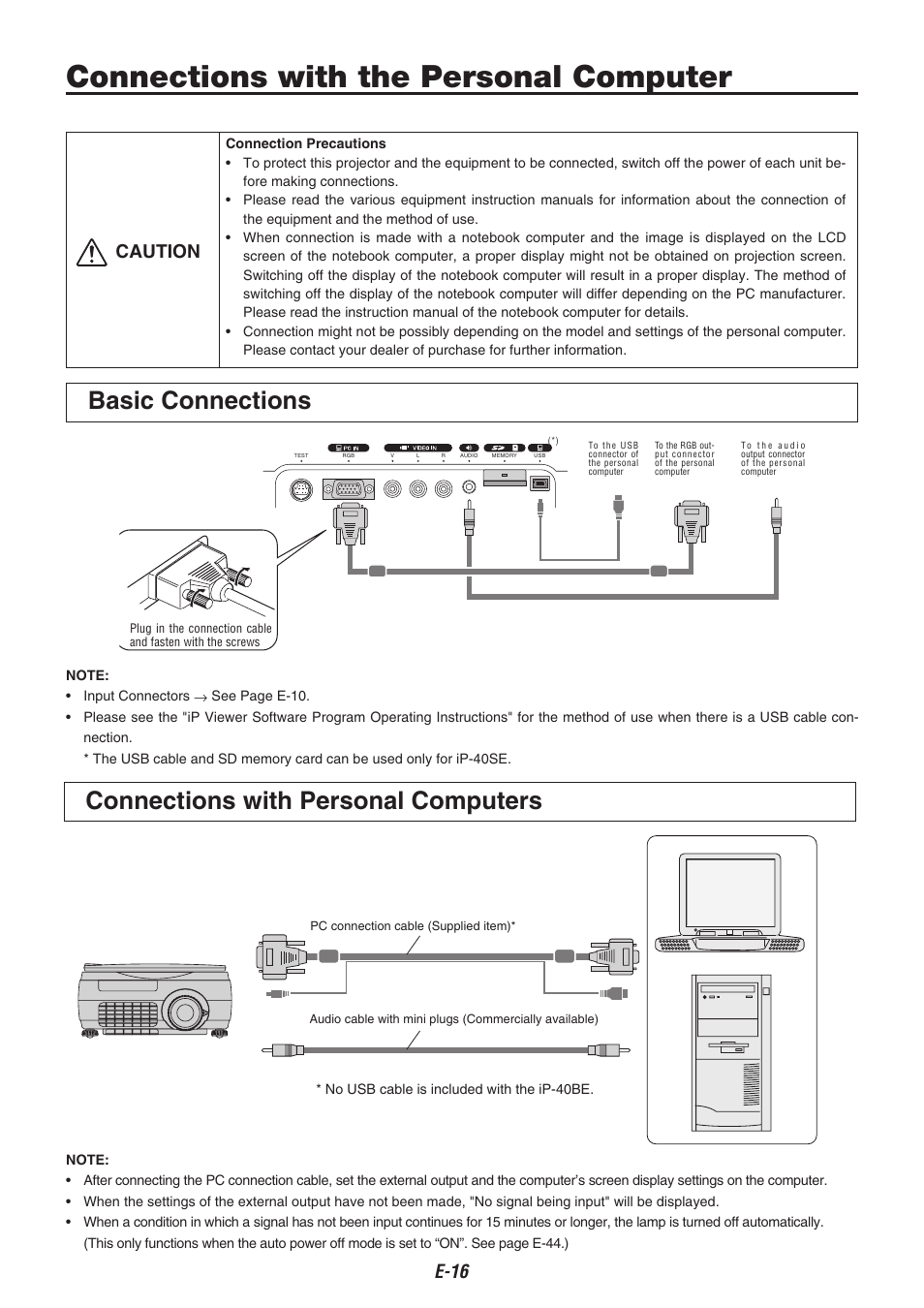 Connections with the personal computer, Caution | Compaq iP-40 User Manual | Page 18 / 57