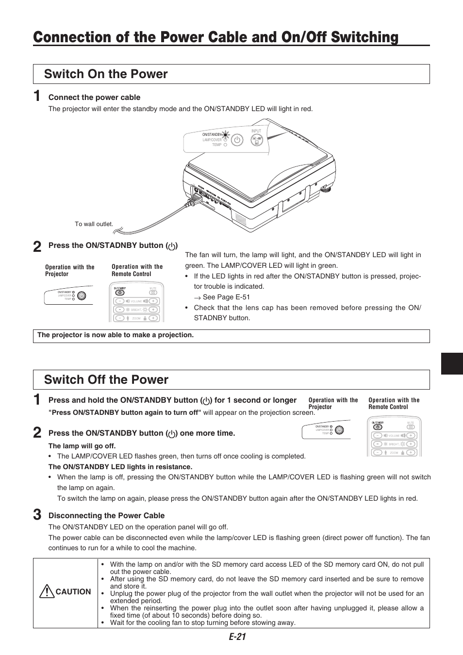 Connection of the power cable and on/off switching, Switch on the power, Switch off the power | E-1 | Compaq iP-40 User Manual | Page 23 / 57