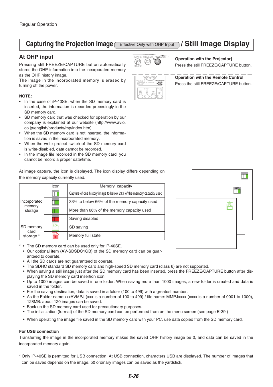 Capturing the projection image, Still image display, At ohp input | Compaq iP-40 User Manual | Page 28 / 57