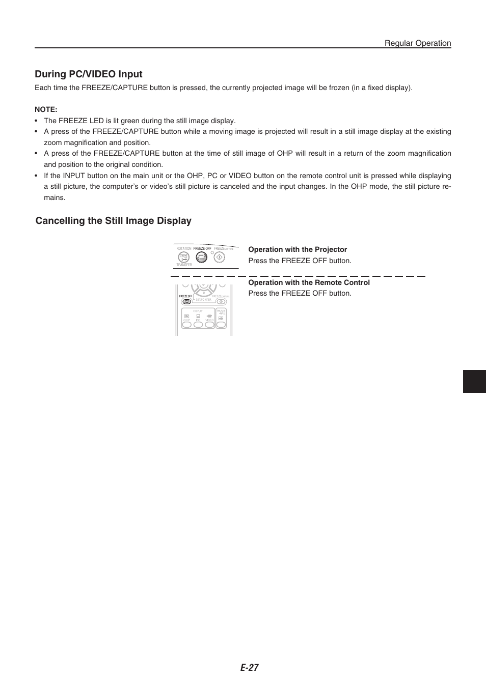 Still image display, E- during pc/video input, Cancelling the still image display | Regular operation | Compaq iP-40 User Manual | Page 29 / 57