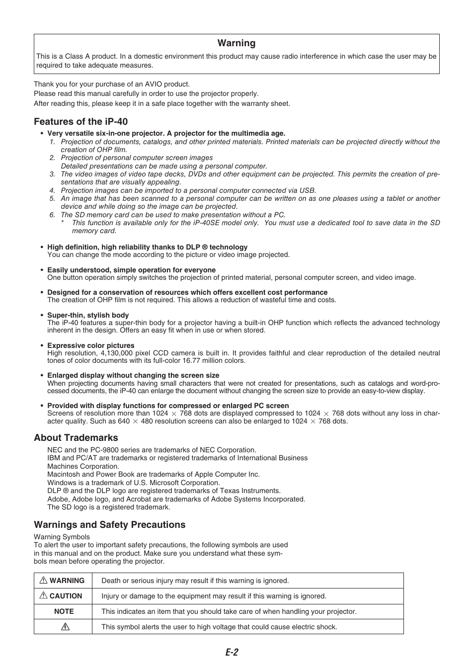 Features of the ip-40, About trademarks, Warnings and safety precautions | Warning | Compaq iP-40 User Manual | Page 4 / 57