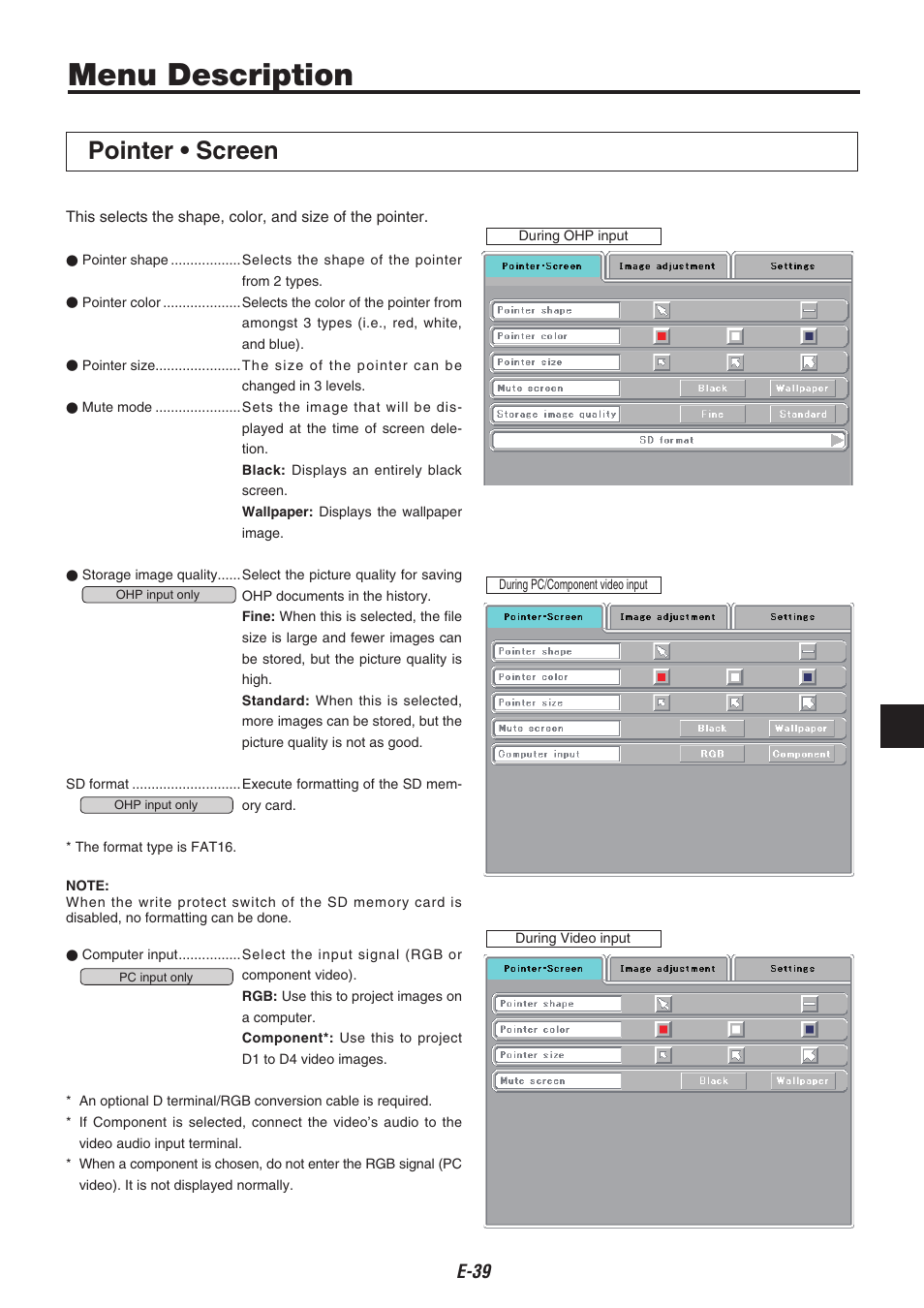 Menu description, Pointer • screen | Compaq iP-40 User Manual | Page 41 / 57