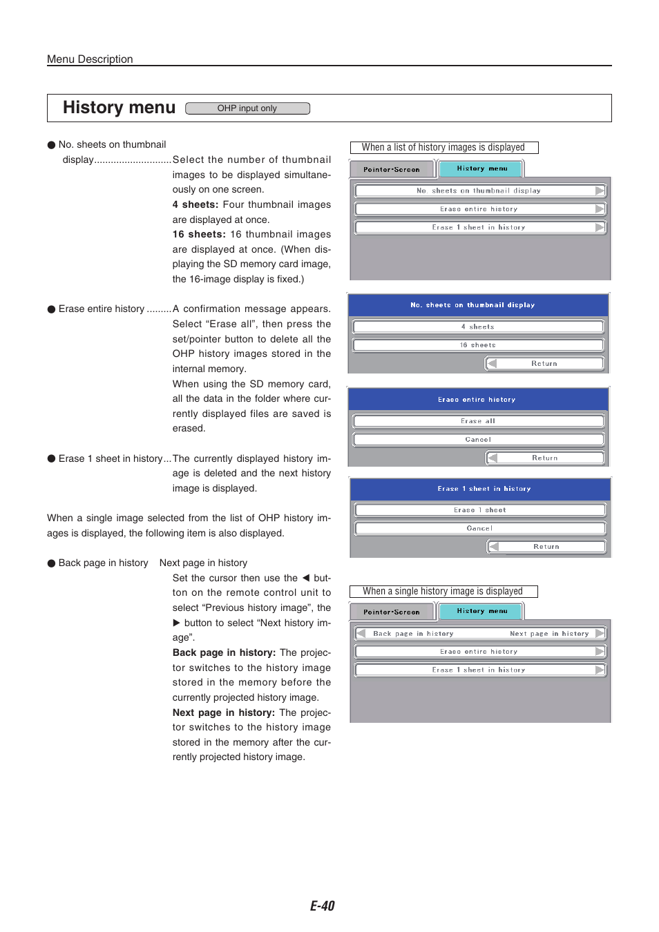 History menu, E-0 | Compaq iP-40 User Manual | Page 42 / 57