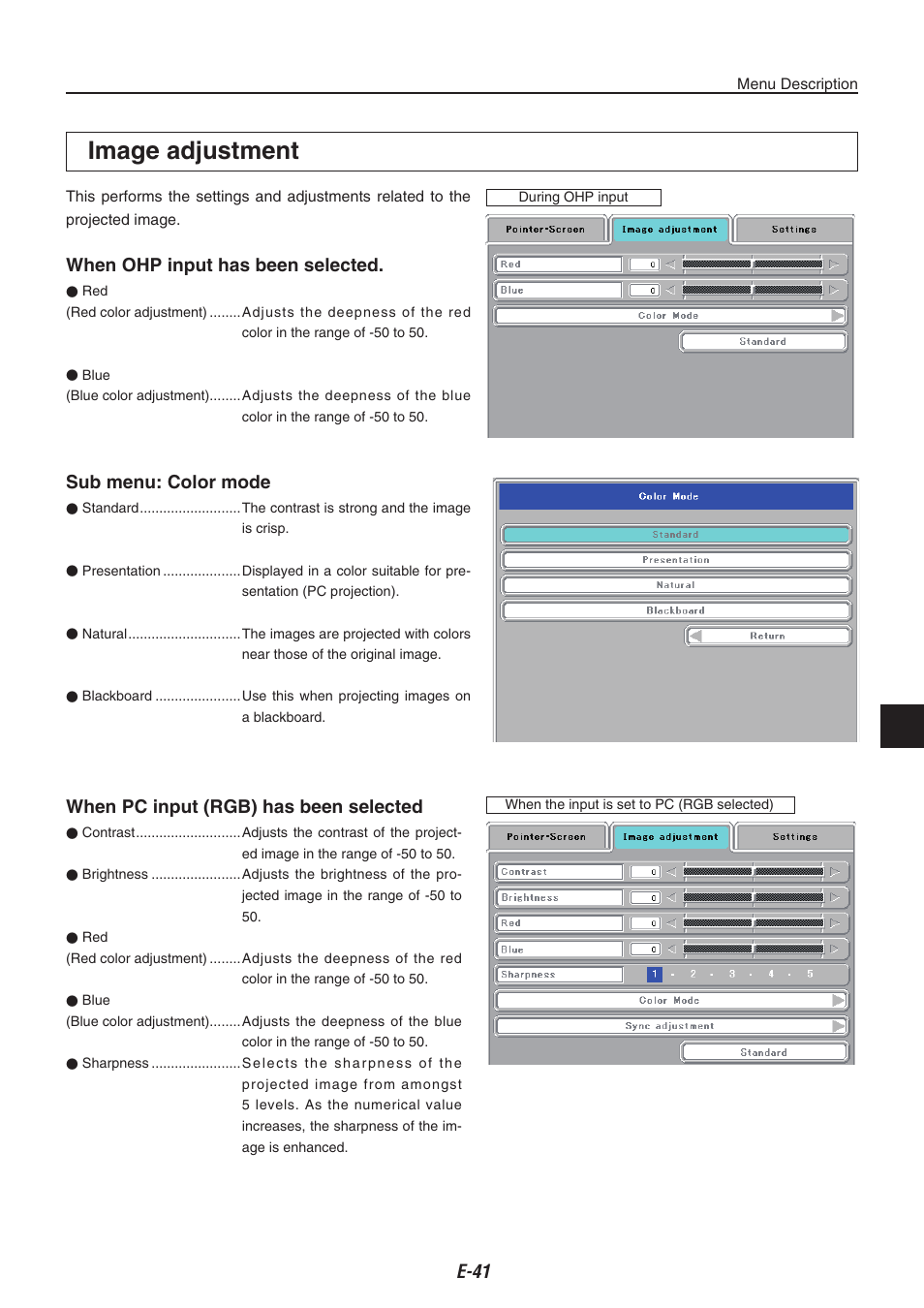 Image adjustment, E-1 when pc input (rgb) has been selected, When ohp input has been selected | Sub menu: color mode | Compaq iP-40 User Manual | Page 43 / 57