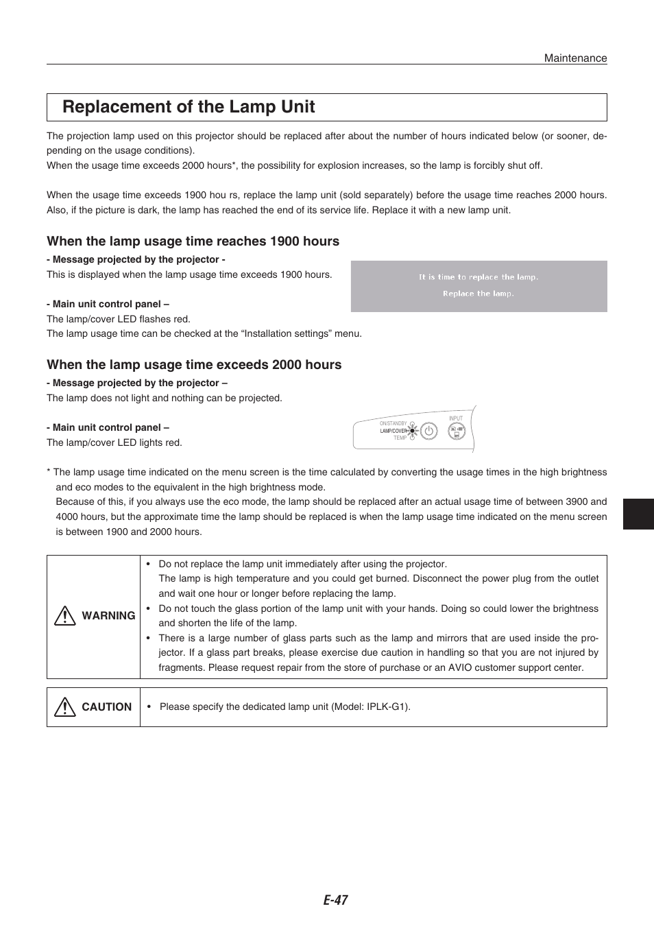 Replacement of the lamp unit, When the lamp usage time reaches 1900 hours, When the lamp usage time exceeds 2000 hours | Compaq iP-40 User Manual | Page 49 / 57