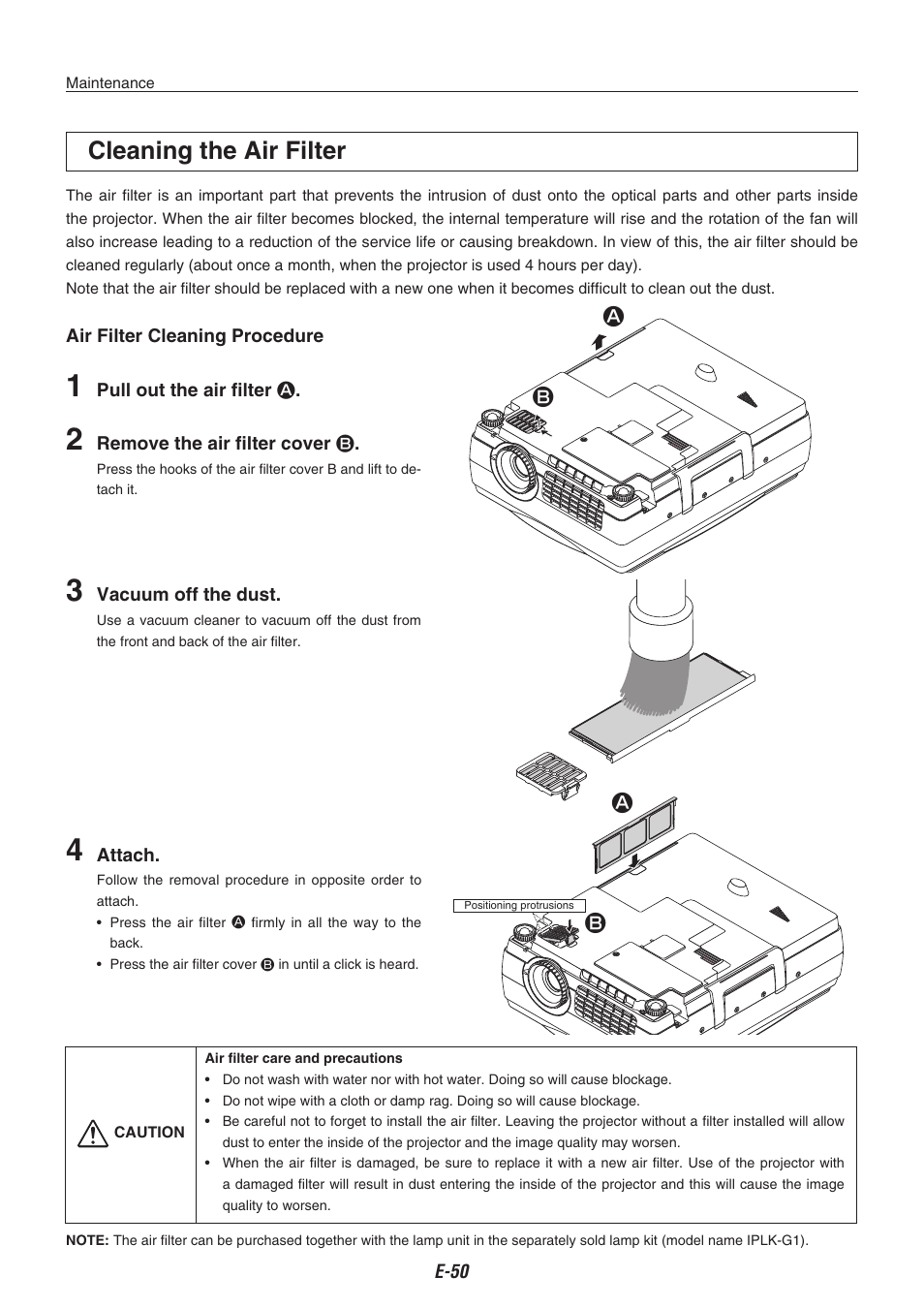 Cleaning the air filter | Compaq iP-40 User Manual | Page 52 / 57