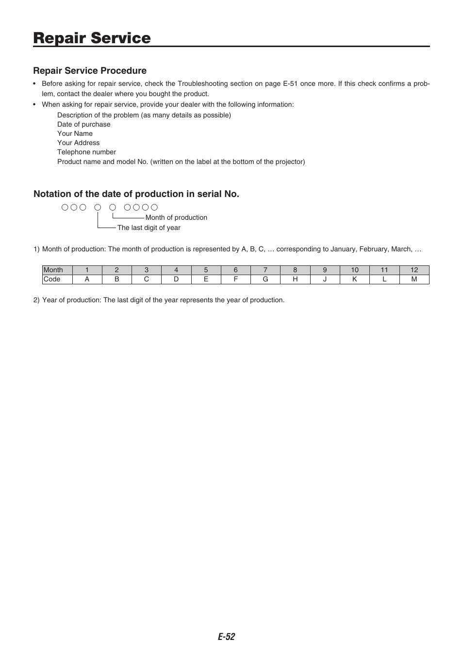 Repair service, E- repair service procedure, Notation of the date of production in serial no | Compaq iP-40 User Manual | Page 54 / 57