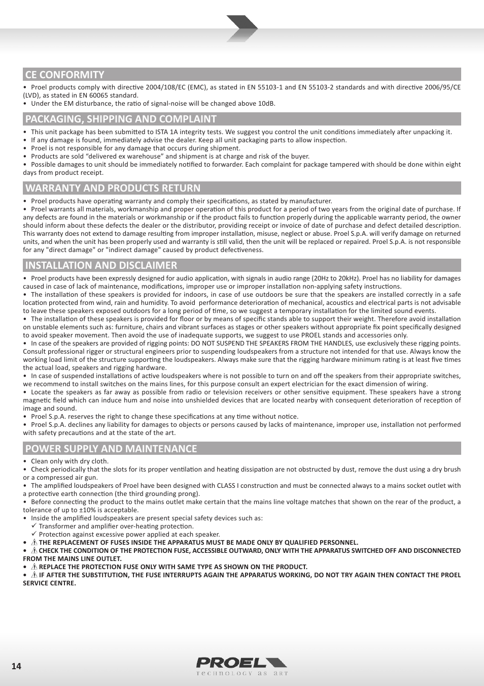 Ce conformity, Packaging, shipping and complaint, Warranty and products return | Installation and disclaimer, Power supply and maintenance | Proel WD15A User Manual | Page 14 / 37