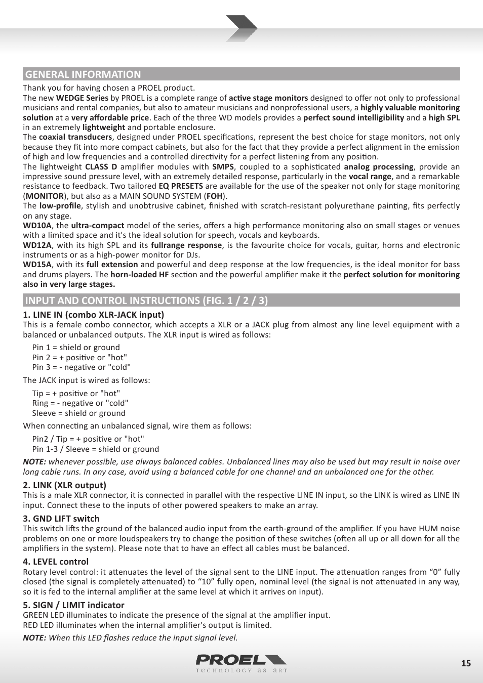 General information, Input and control instructions (fig. 1 / 2 / 3) | Proel WD15A User Manual | Page 15 / 37