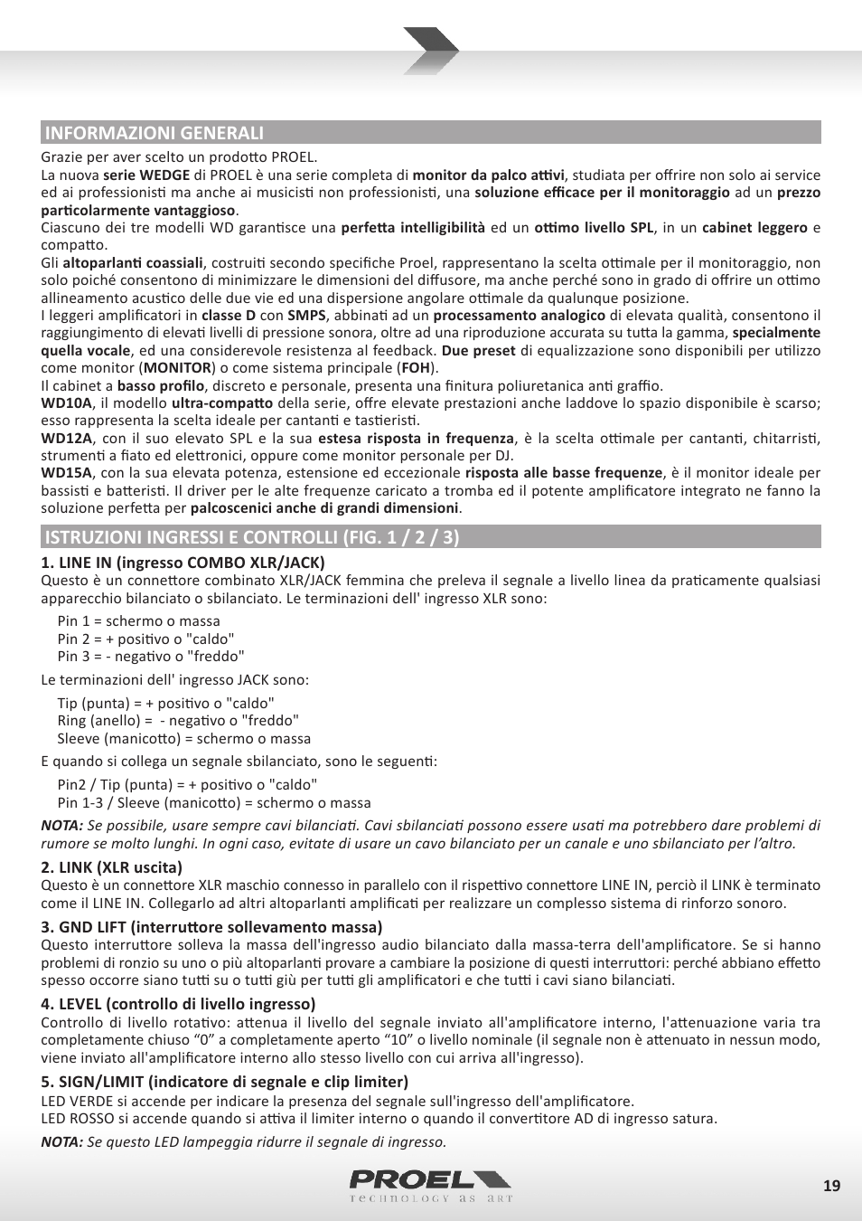 Informazioni generali, Istruzioni ingressi e controlli (fig. 1 / 2 / 3) | Proel WD15A User Manual | Page 19 / 37