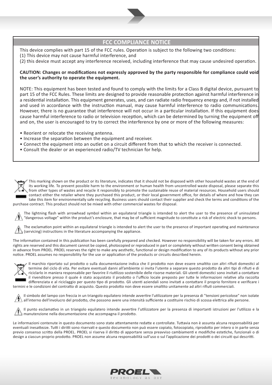 Fcc compliance notice | Proel WD15A User Manual | Page 2 / 37