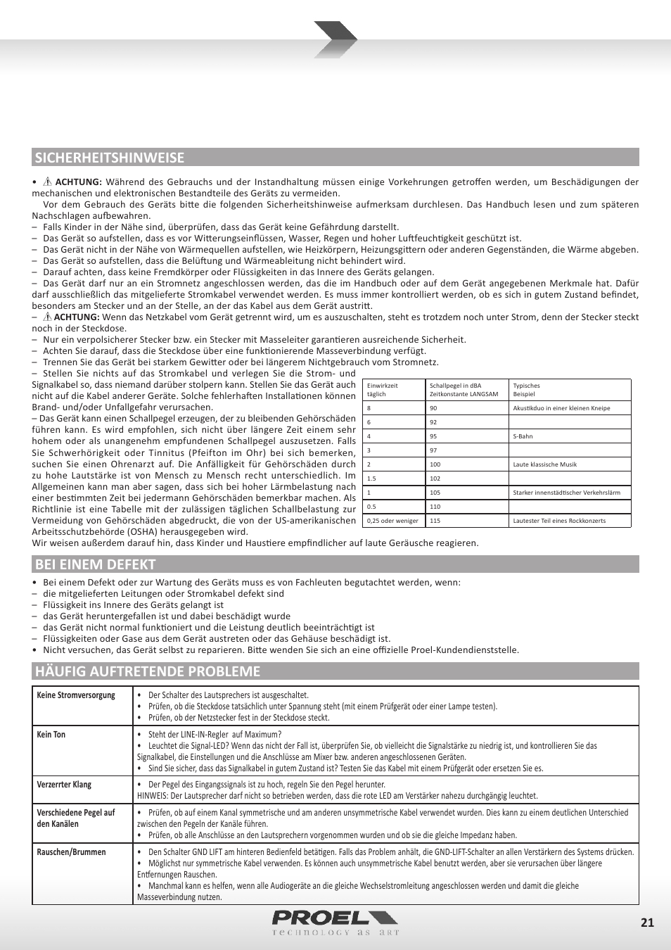 Sicherheitshinweise, Bei einem defekt, Häufig auftretende probleme | Proel WD15A User Manual | Page 21 / 37