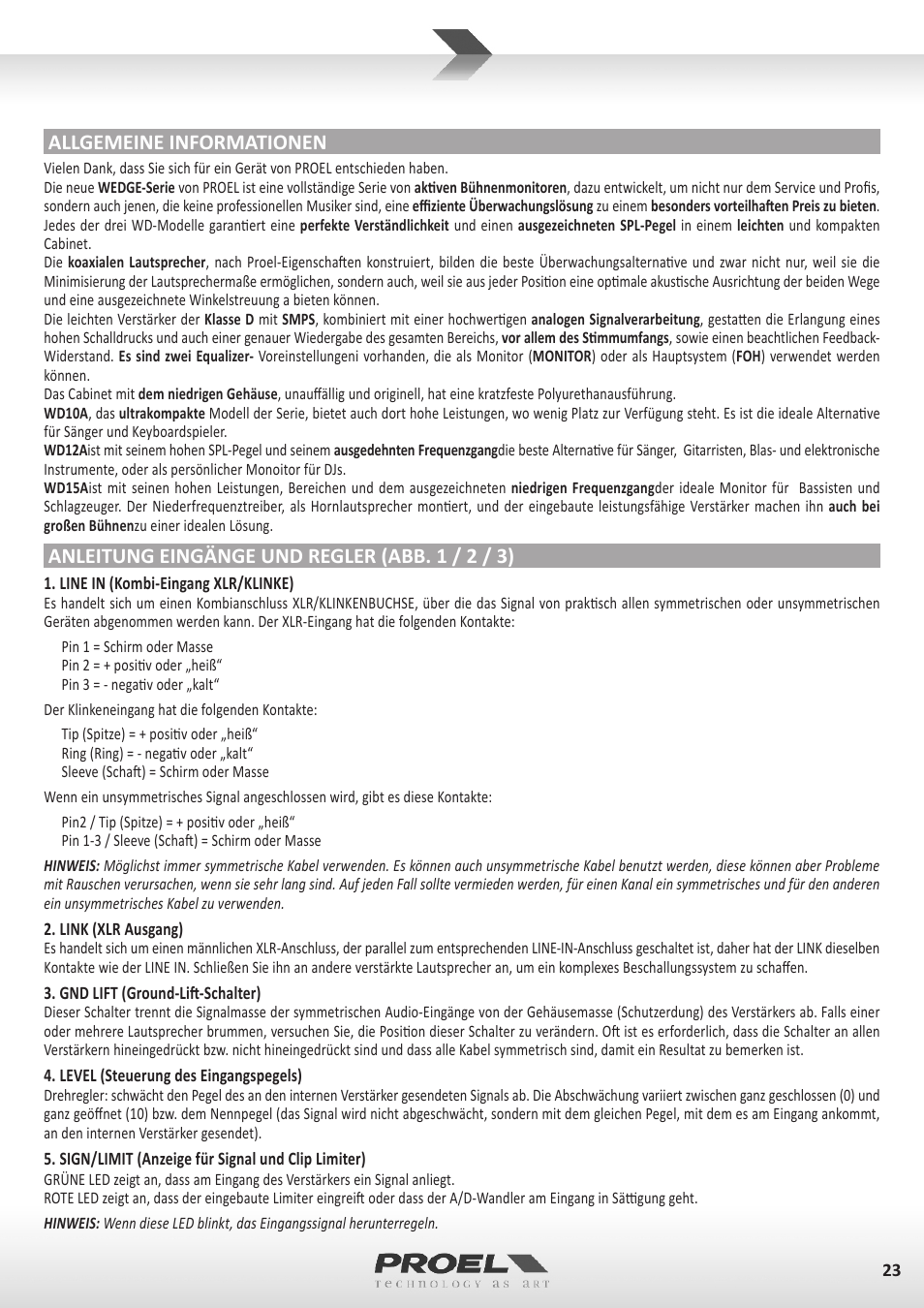 Allgemeine informationen, Anleitung eingänge und regler (abb. 1 / 2 / 3) | Proel WD15A User Manual | Page 23 / 37