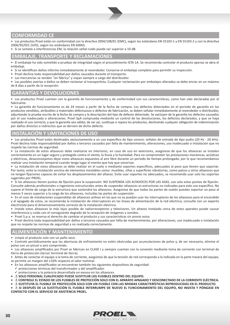 Conformidad ce, Embalaje, transporte y reclamaciones, Garantías y devoluciones | Instalación y limitaciones de uso, Alimentación y mantenimiento | Proel WD15A User Manual | Page 30 / 37