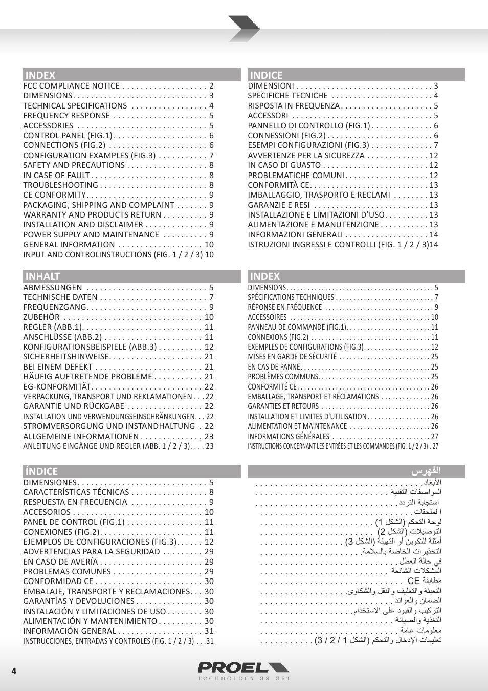 Index, Inhalt, Índice | Indice, سرهفلا | Proel WD15A User Manual | Page 4 / 37