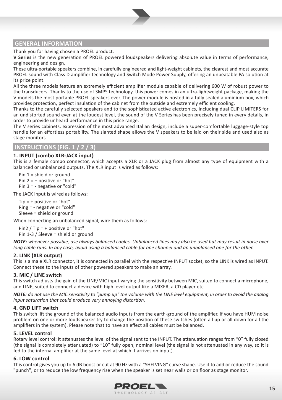 General information, Instructions (fig. 1 / 2 / 3) | Proel V15A User Manual | Page 15 / 37