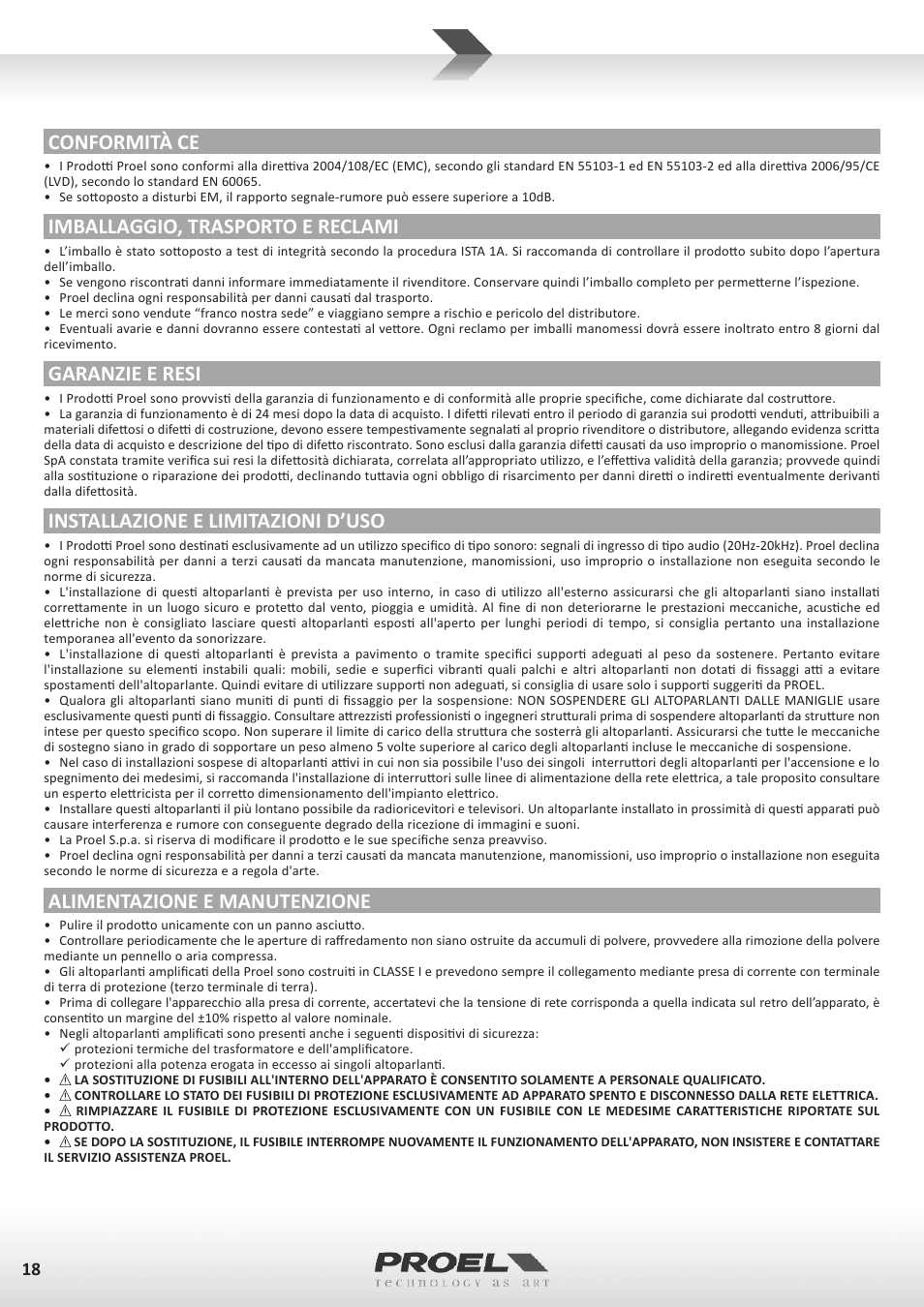 Conformità ce, Imballaggio, trasporto e reclami, Garanzie e resi | Installazione e limitazioni d’uso, Alimentazione e manutenzione | Proel V15A User Manual | Page 18 / 37