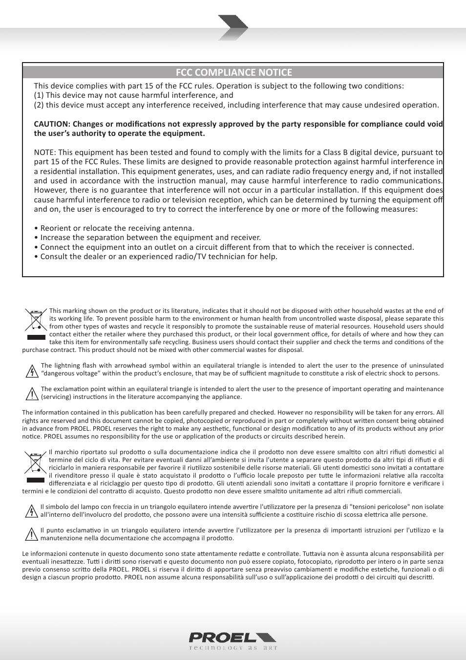 Fcc compliance notice | Proel V15A User Manual | Page 2 / 37