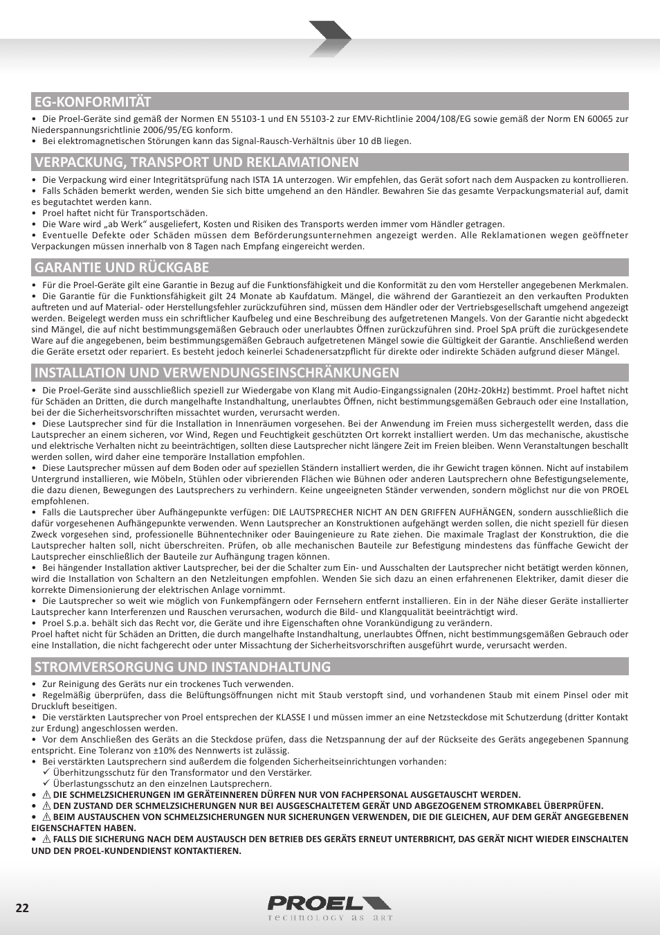 Eg-konformität, Verpackung, transport und reklamationen, Garantie und rückgabe | Installation und verwendungseinschränkungen, Stromversorgung und instandhaltung | Proel V15A User Manual | Page 22 / 37