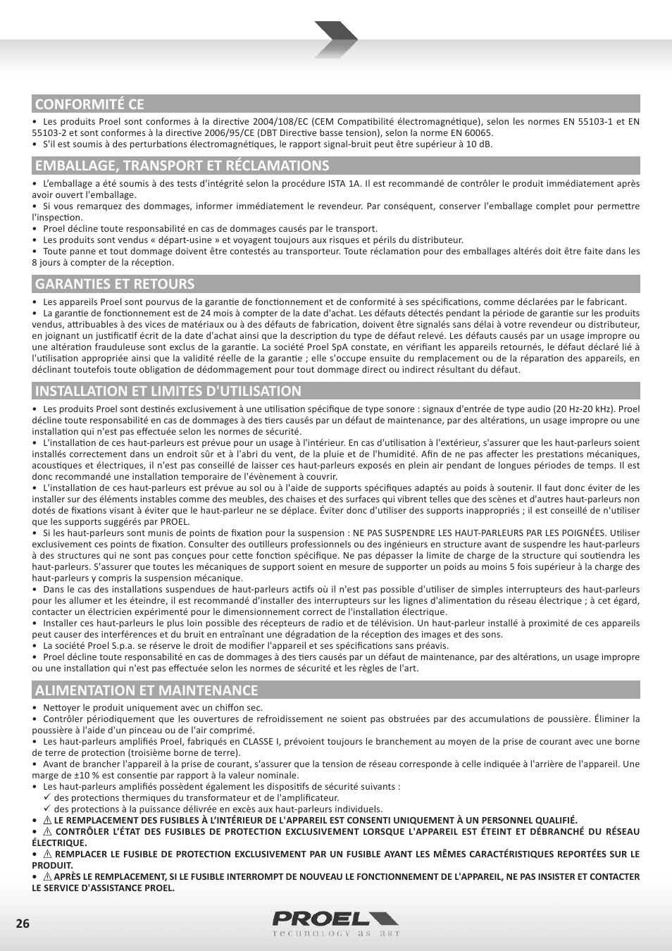 Conformité ce, Emballage, transport et réclamations, Garanties et retours | Installation et limites d'utilisation, Alimentation et maintenance | Proel V15A User Manual | Page 26 / 37